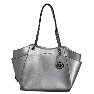 Michael Kors Jet Set Travel Large Chain Shoulder Tote Silver Metallic